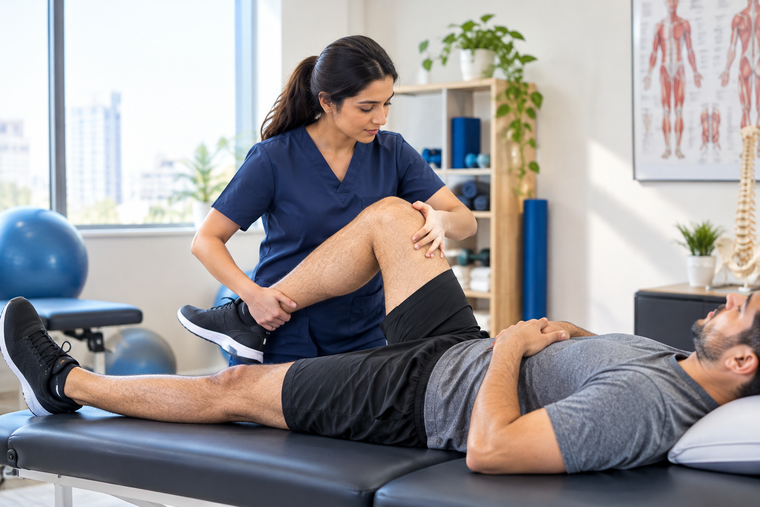 A physiotherapist assists a male patient with leg therapy in a clinic.